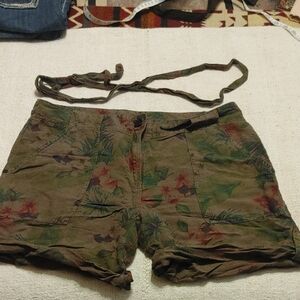 Sanctuary Green and Red Cargo Shorts with Floral Design